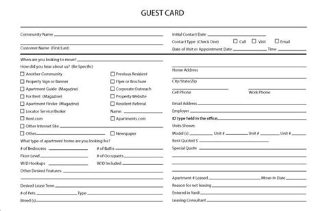 Printable Guest Cards For Apartments